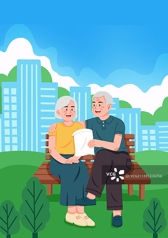 老年人坐在公园凳子上拿着保险单，养老保险图片素材