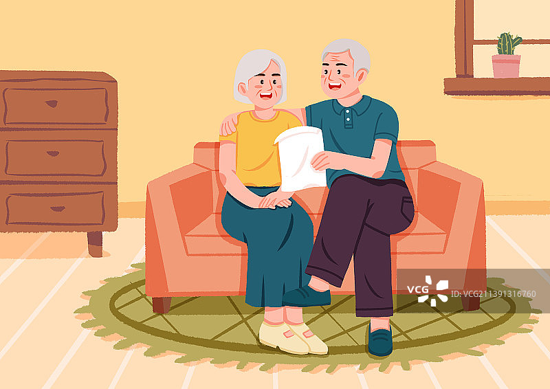 老年人坐在沙发上拿着保险单，养老保险图片素材