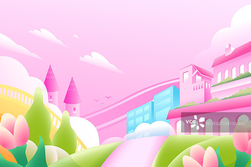 卡通儿童教育学生新学期开学季游乐场娱乐城堡粉色可爱少儿培训夏令营夏季出游电商促销渐变矢量插画图片素材