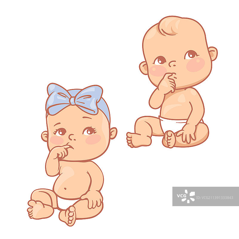 穿着尿布的小男婴和小女婴坐着图片素材