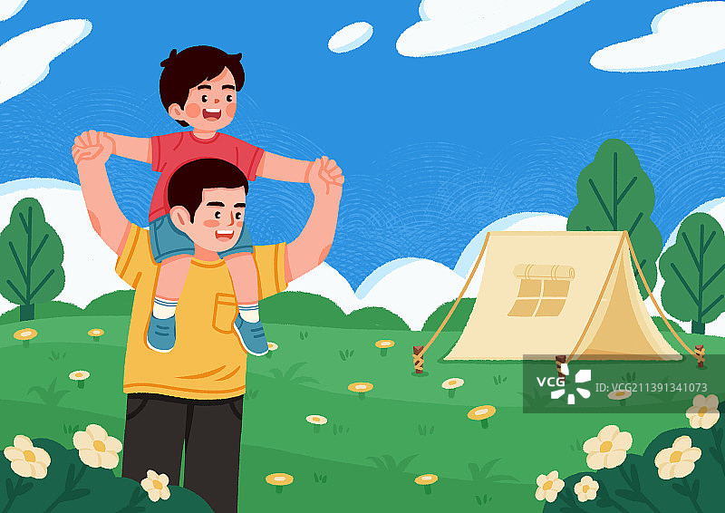 爸爸带孩子外出露营，帐篷，夏令营图片素材