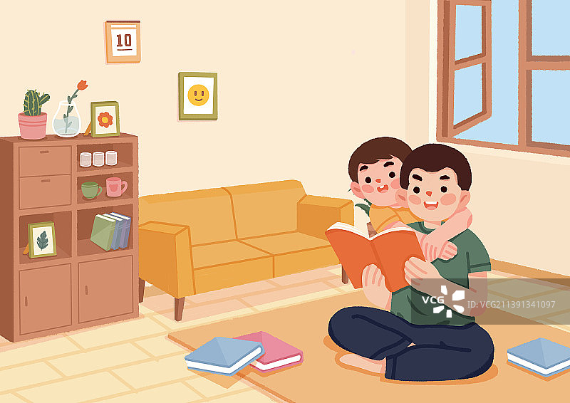 爸爸陪孩子居家看书学习，图片素材