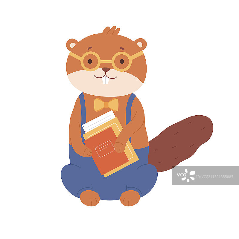 戴眼镜的可爱海狸拿着书本图片素材