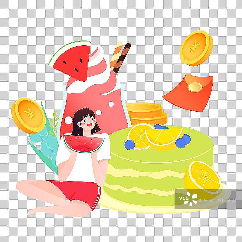 夏日女孩和冷饮、甜点促销矢量插画元素图片素材
