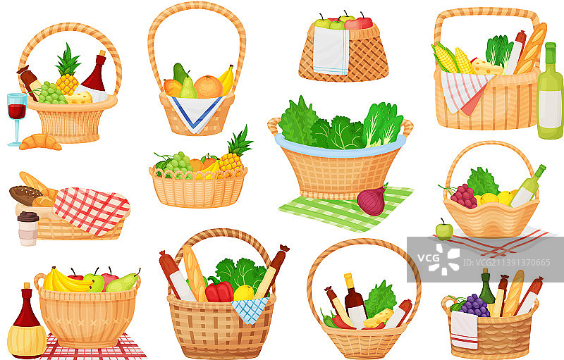 装满美食的卡通柳条野餐篮图片素材