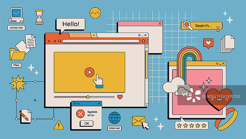 90年代复古蒸汽波美学数字屏幕用户界面图片素材