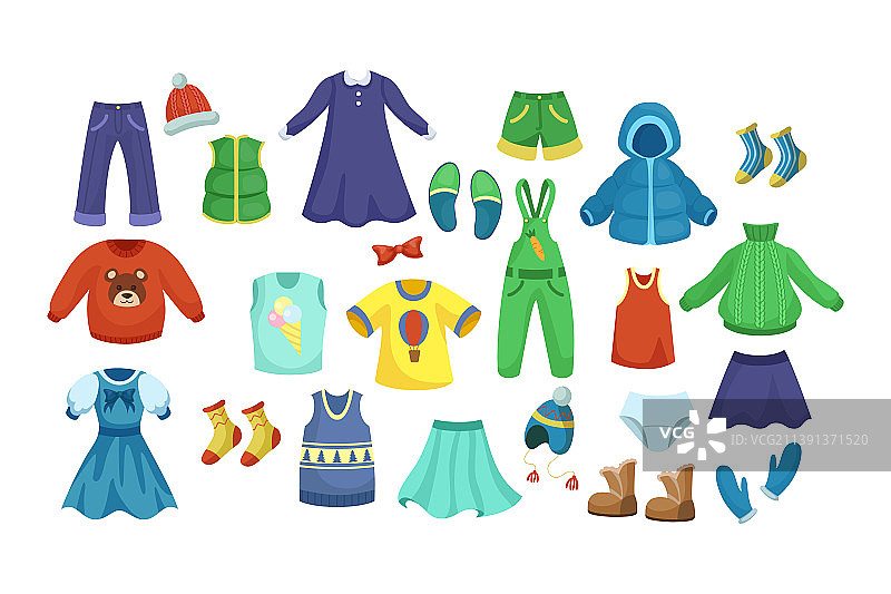 彩色卡通婴儿服装套装（男童和女童）图片素材