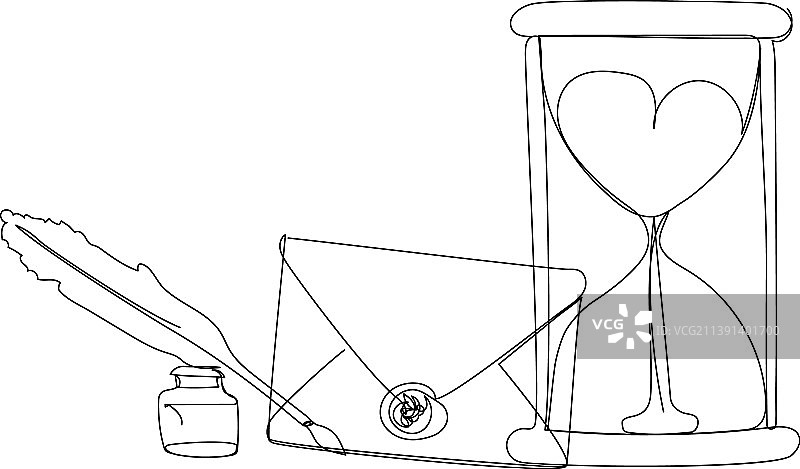带有墨水瓶羽毛沙漏的字母图片素材