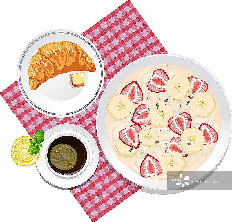顶视图：早餐套餐，牛角面包和餐垫图片素材