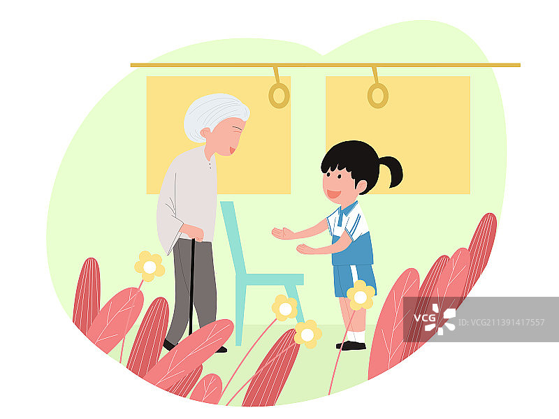 车厢里为老人让座的学生图片素材
