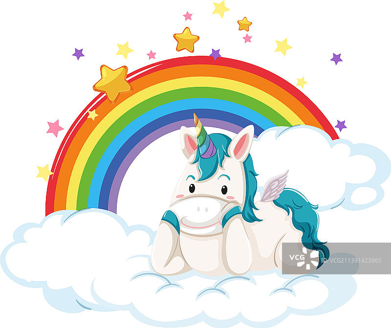 可爱独角兽躺在带彩虹的云朵上图片素材