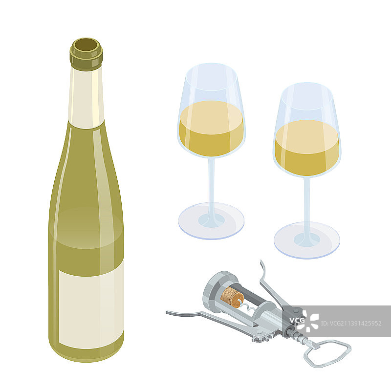 打开的白葡萄酒瓶和两个满杯图片素材