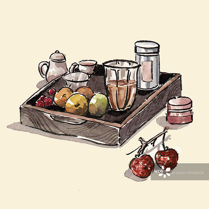桌面茶具水果静物小景图片素材