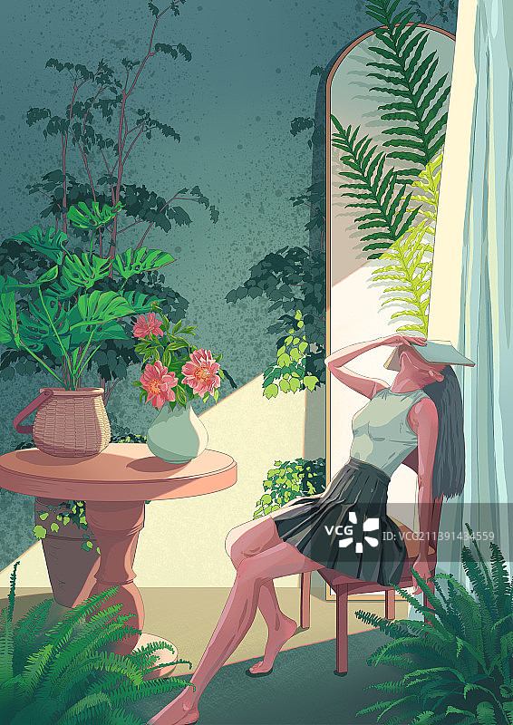 夏季大暑小暑女孩植物小清新颓败感安静插画图片素材