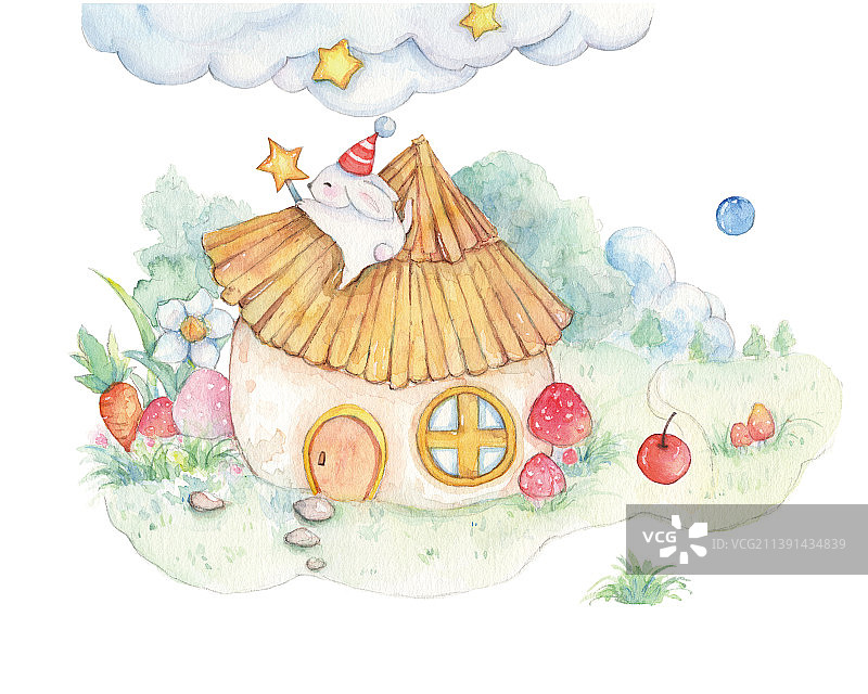 水彩手绘森林中的小兔子在屋顶采云朵摘星星图片素材