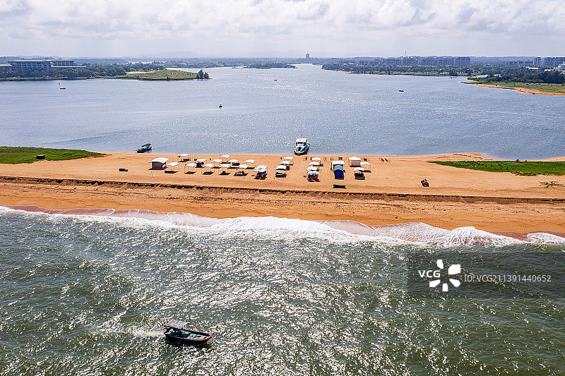 海南省琼海市博鳌镇万泉河入海口 玉带滩景区 航拍图片素材