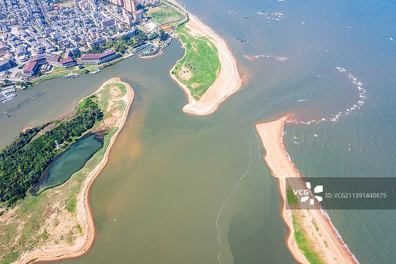 海南省琼海市博鳌镇万泉河入海口 玉带滩景区 航拍图片素材