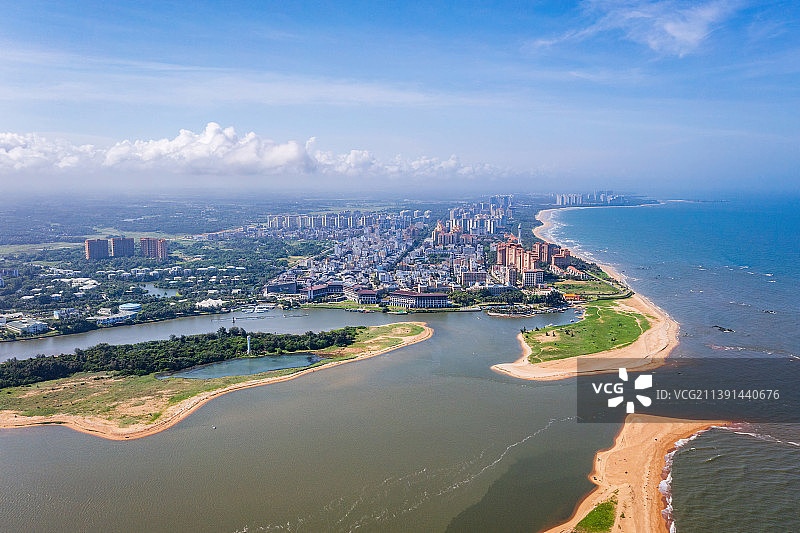 海南省琼海市博鳌镇万泉河入海口 玉带滩景区 航拍图片素材