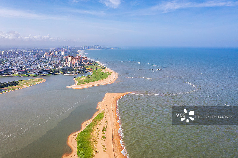 海南省琼海市博鳌镇万泉河入海口 玉带滩景区 航拍图片素材