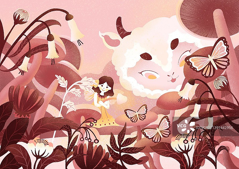 羊与少女一起看花图片素材