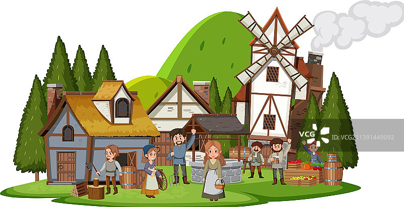 与世隔绝的古代中世纪村庄和村民图片素材