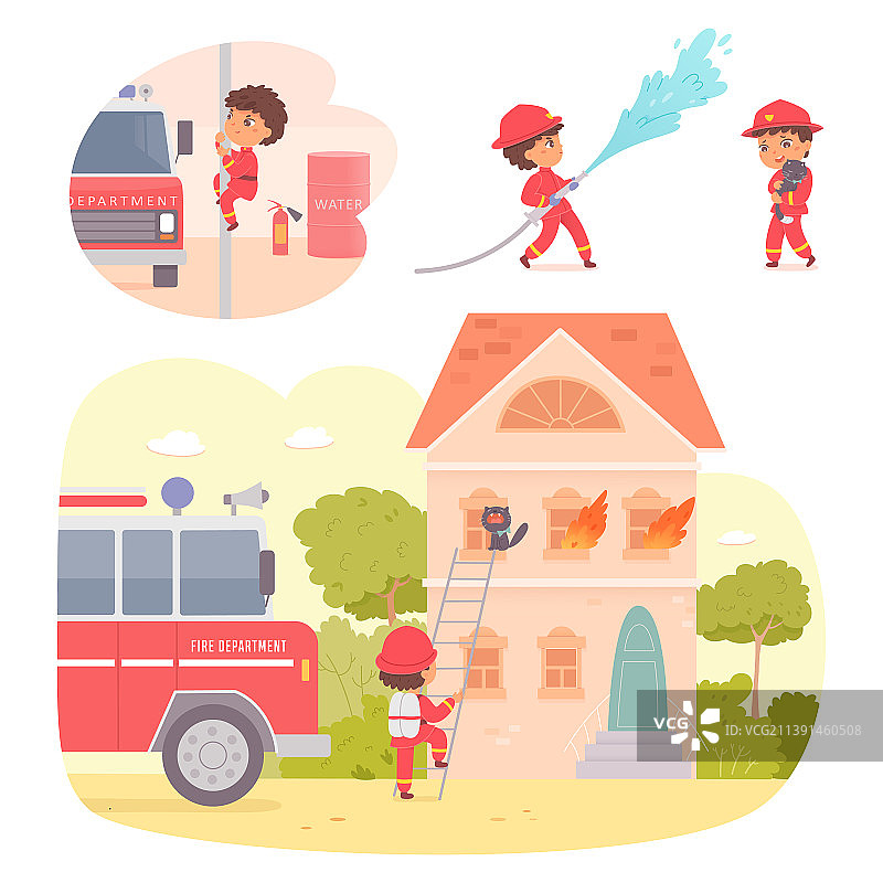 孩子们在消防部门扮演消防员图片素材