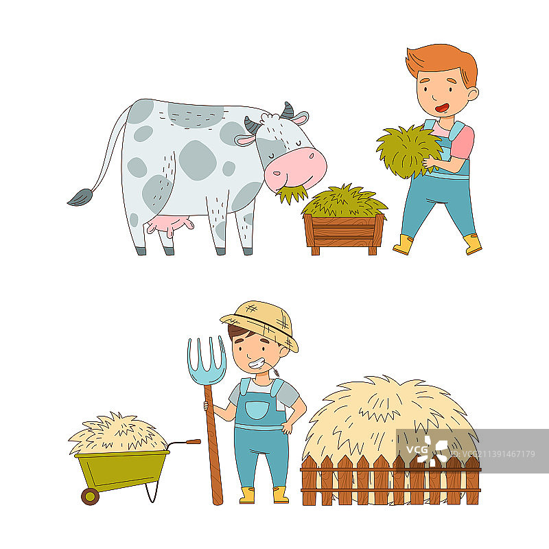 在农场工作的可爱儿童：男孩喂牛图片素材