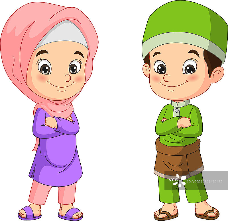 快乐的穆斯林男孩和女孩卡通图片素材