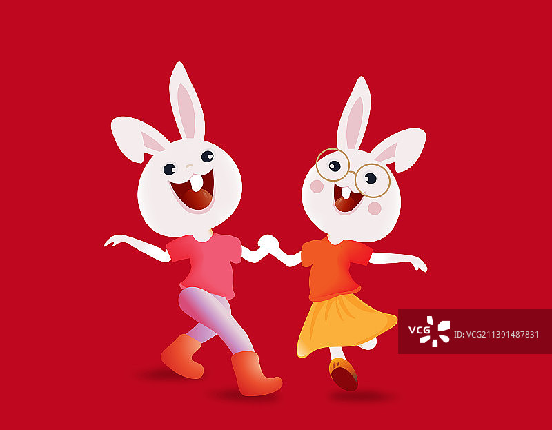 二只兔宝宝开心欢乐在一起新年庆祝图图片素材