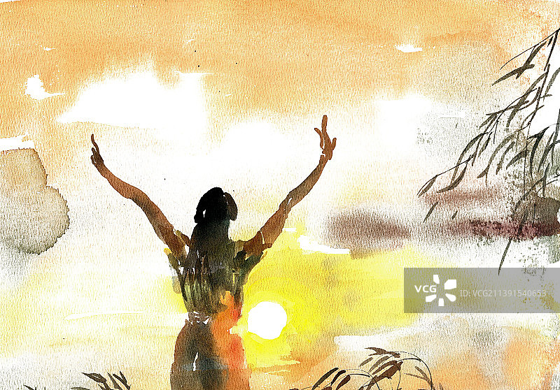 夕阳下的少女图片素材