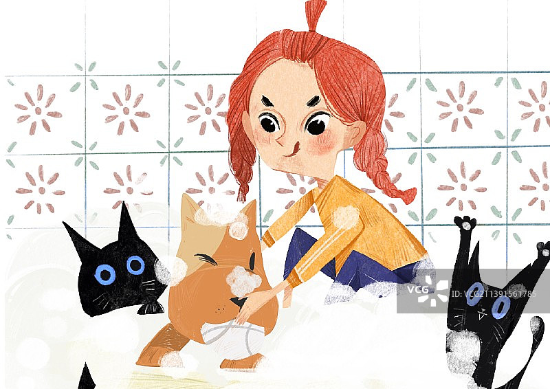 女孩在浴室给调皮狗狗洗澡 猫咪图片素材
