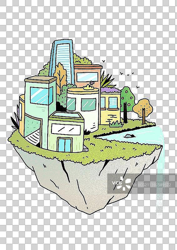 插画元素：绿色生态环境建筑小岛图片素材