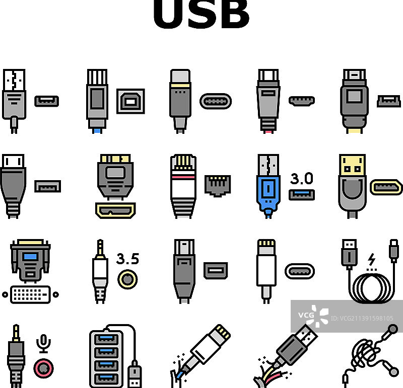 USB线缆和端口购买图标集图片素材