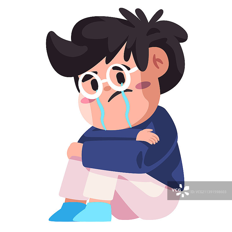 儿童悲伤哭泣：独自坐着，遭受欺凌图片素材