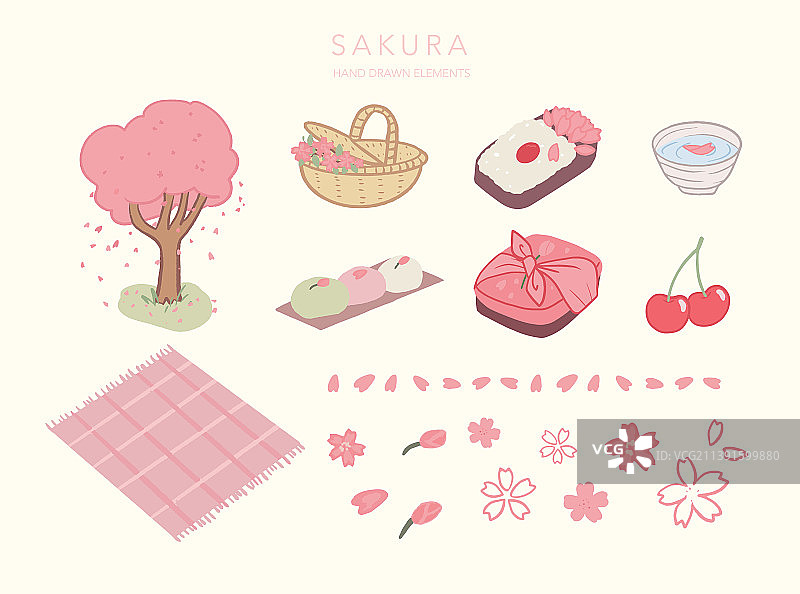 手绘樱花野餐元素集合图片素材