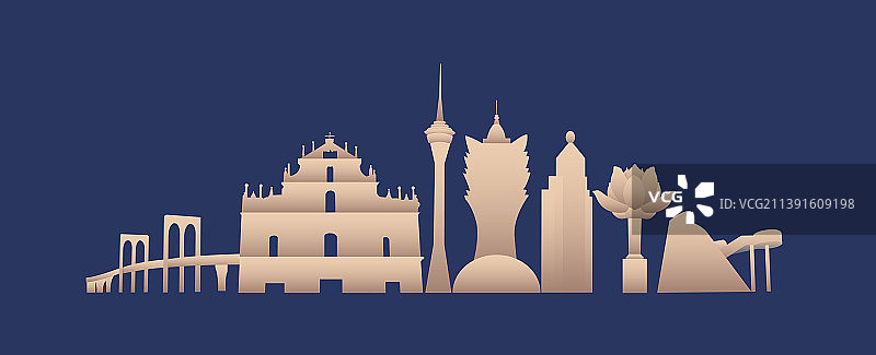 蓝金澳门天际线建筑矢量影插画，澳门庆典宣传插画，新年双十一双十二金融插画图片素材