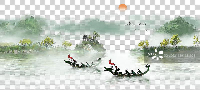 赛龙舟水墨国潮风插画背景图片素材