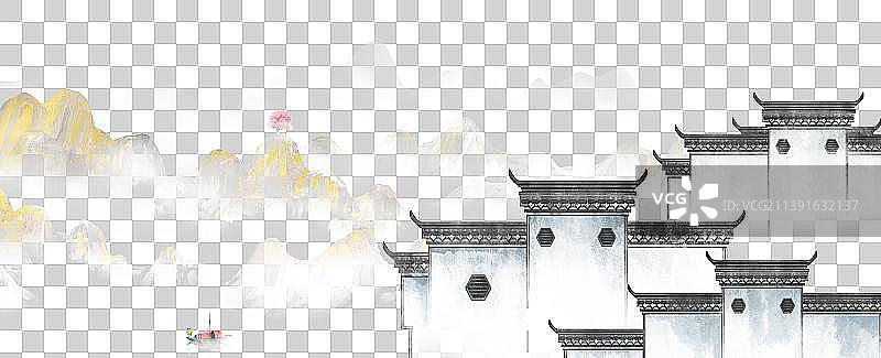 江南小镇微派建筑水墨画图片素材
