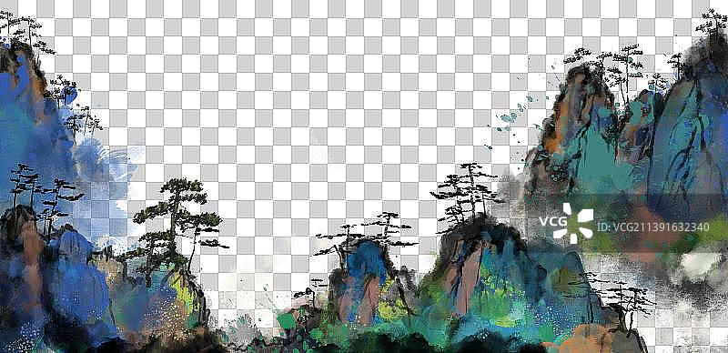 黄山泼彩国画山水风景画背景图片素材