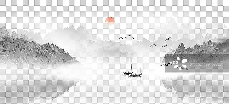 中国风意境山水画背景插画图片素材