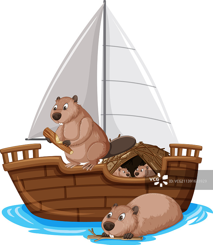 卡通风格的船上海狸图片素材