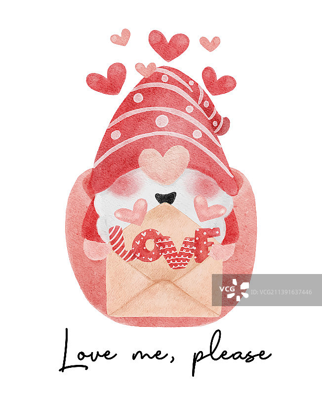 粉色咖啡中拿着情书的可爱红色侏儒图片素材