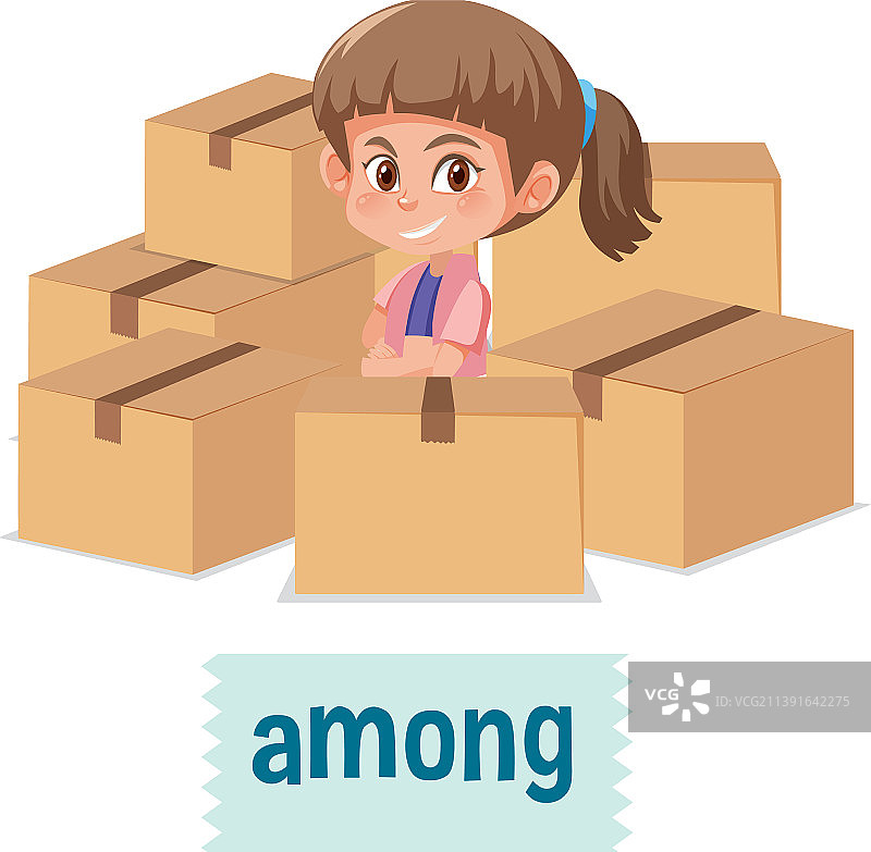 卡通女孩和盒子的位置介词学习图片素材