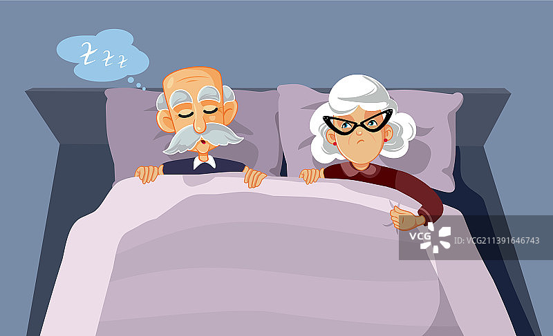 年长的男人打鼾吵醒了他的妻子（卡通）图片素材