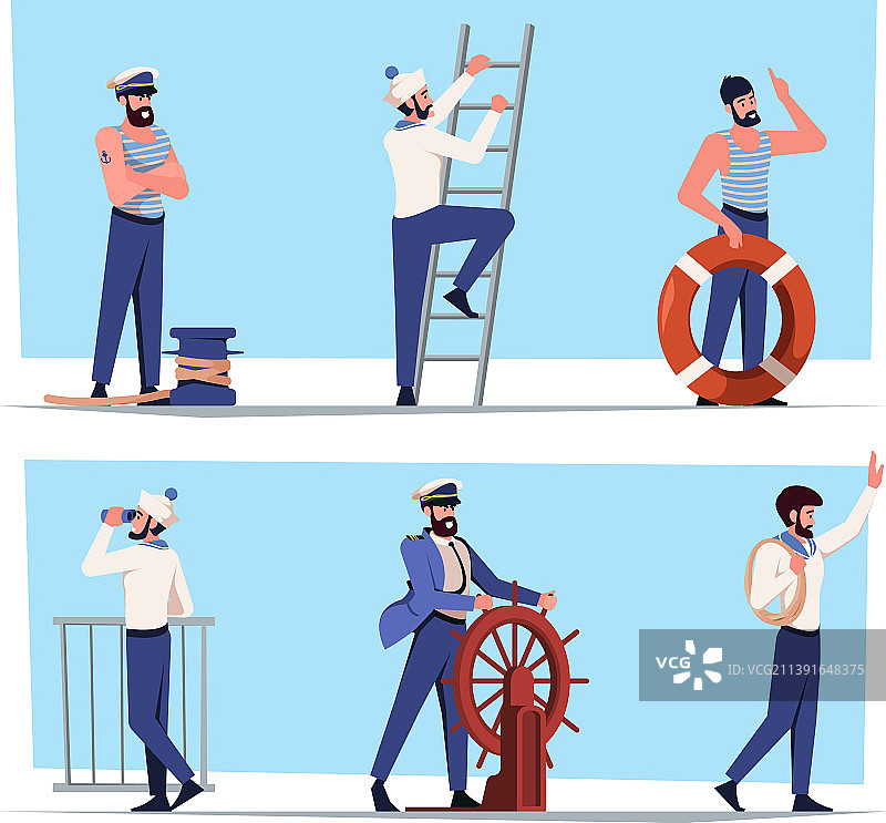 水手扁平海洋人物与年轻船长图片素材