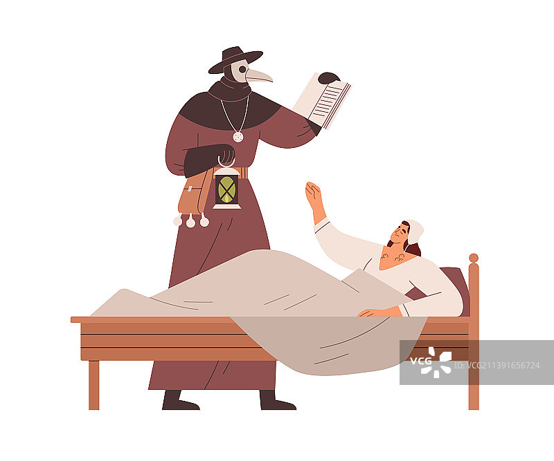 身穿瘟疫服装的中世纪医生正在救治病人图片素材