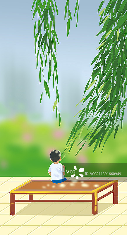炎热夏天夏季季节户外池塘边童年小时候暑假纳凉插画图片素材