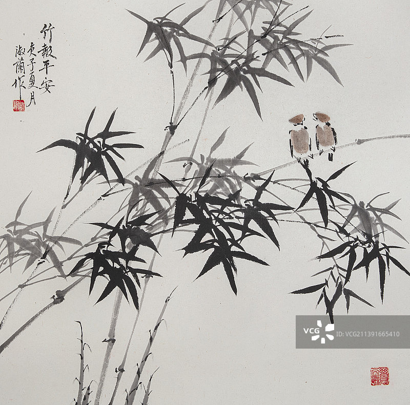 中国绘画——竹与麻雀图片素材