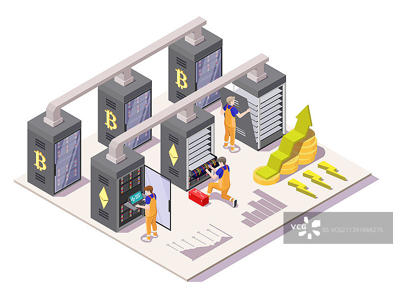 2.5D人物安装加密货币矿场图片素材