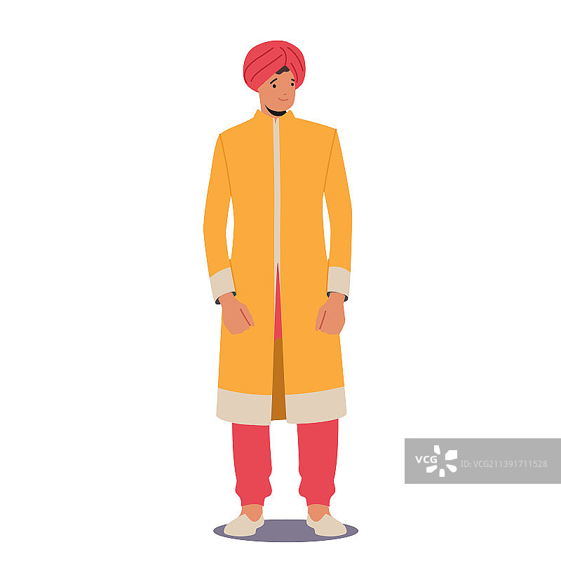 戴着红色头巾，身穿黄色长袍的年轻印度男子图片素材